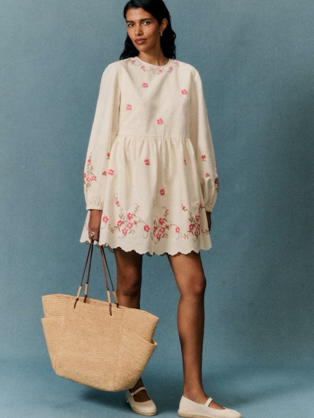 Caroline Constas Cream Mini Dress with Pink Floral Embroidery